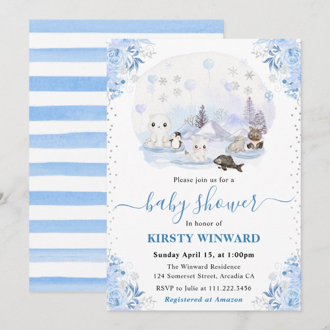 Watercolor Winter Arctic Animals Baby Shower Invitation (Front/Back)