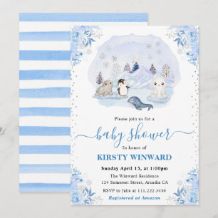 Watercolor Winter Arctic Animals Baby Shower Invitation