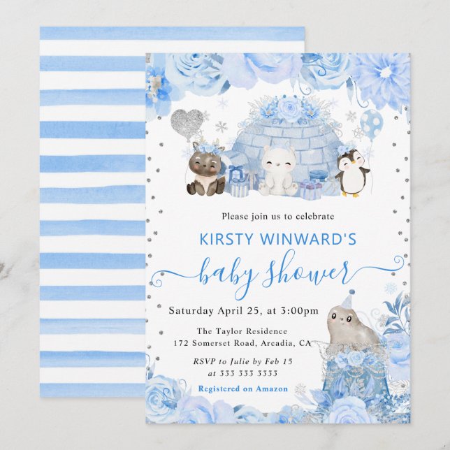 Watercolor Winter Arctic Animals Baby Shower Invitation (Front/Back)