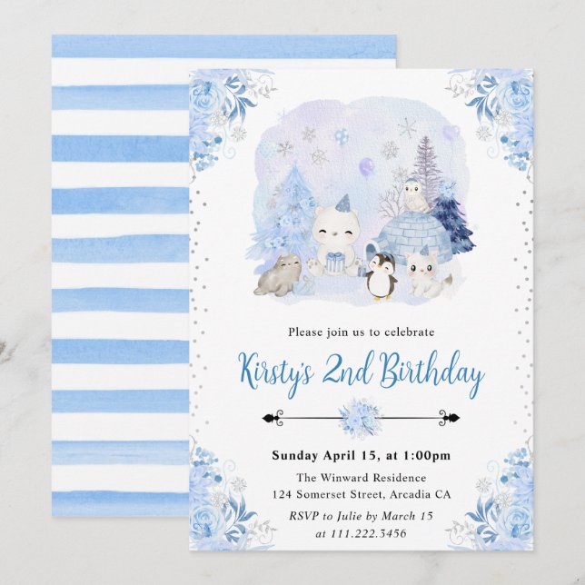 Watercolor Winter Arctic Animals Birthday Party Invitation (Front/Back)