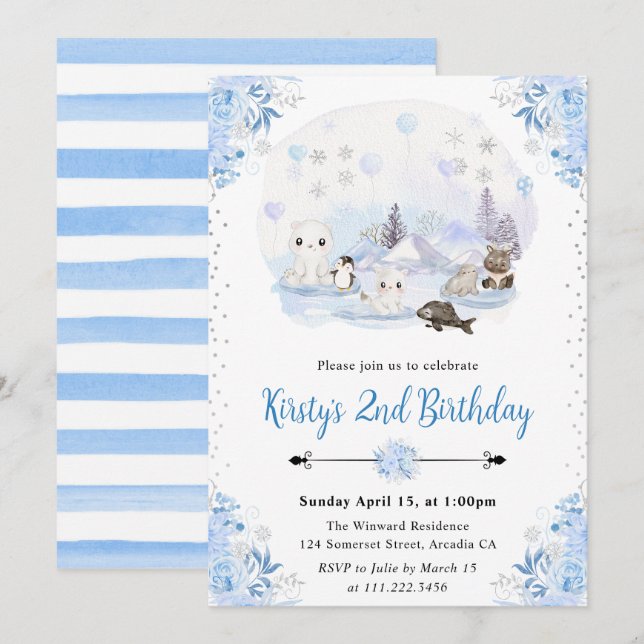 Watercolor Winter Arctic Animals Birthday Party Invitation (Front/Back)