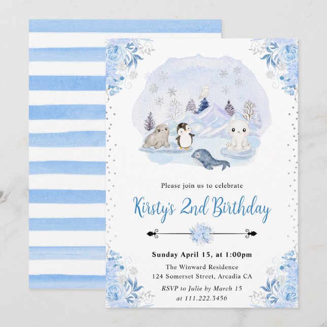 Watercolor Winter Arctic Animals Birthday Party Invitation (Front/Back)