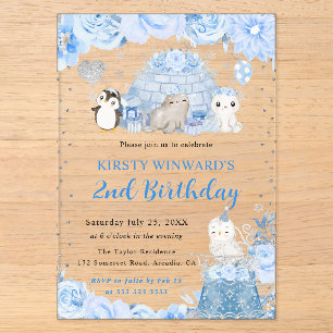 Watercolor Winter Arctic Animals Kids Birthday Acrylic Invitations
