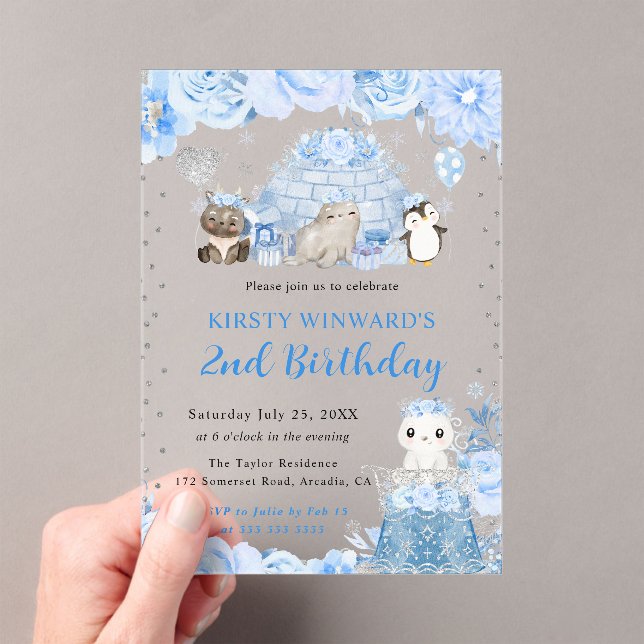 Watercolor Winter Arctic Animals Kids Birthday Acrylic Invitations (Insitu (Handheld))
