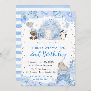 Watercolor Winter Arctic Animals Kids Birthday Invitation
