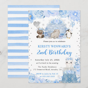 Watercolor Winter Arctic Animals Kids Birthday Invitation