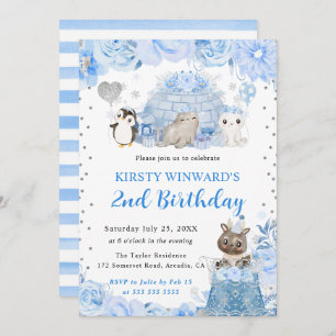 Watercolor Winter Arctic Animals Kids Birthday Invitation