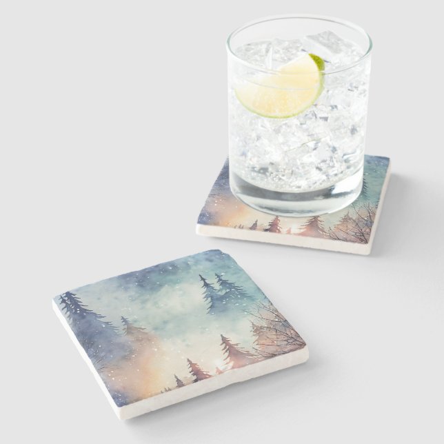 Watercolor Winter Art Stone Coaster (Side)