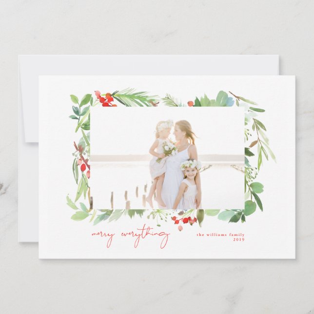 Watercolor Winter Berries and Greenery Holiday Card (Front)
