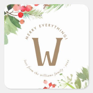 Watercolor Winter Berries and Greenery Square Sticker