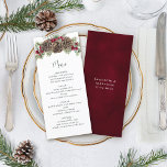 Watercolor Winter Berries Pine Christmas Wedding Menu<br><div class="desc">These elegant winter-themed wedding menu cards feature a Christmas themed bouquet at the top with watercolor greenery, pine cones and winter evergreen branches, accented with burgundy red holly berries. On the back is a burgundy watercolor texture, with the names of the bride and groom and wedding date. Find the rest...</div>