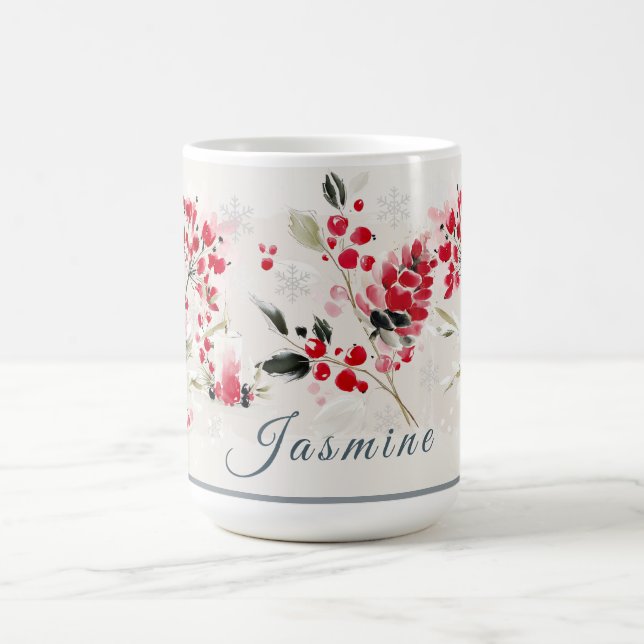Watercolor Winter Berry Personalized Coffee Mug (Center)