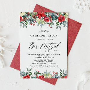Watercolor Winter Blooms Floral Bar Mitzvah Invitation