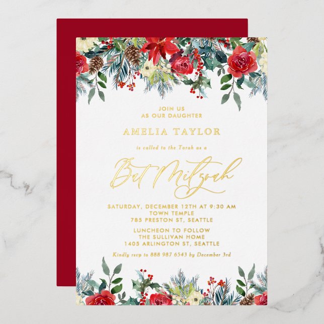 Watercolor Winter Blooms Floral Bat Mitzvah (Front/Back)