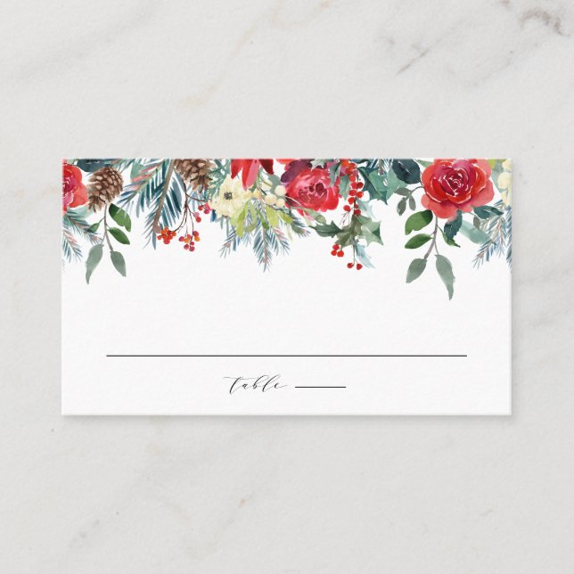 Watercolor Winter Blooms Garland Botanical Wedding Place Card (Front)