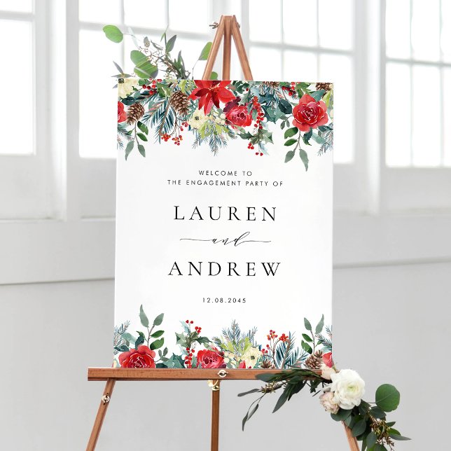Watercolor Winter Blooms Garland Engagement Party Poster (Customizable floral engagement party welcome sign featuring winter blooms and greenery.)