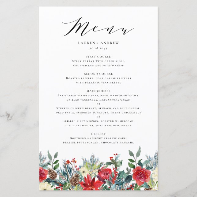 Watercolor Winter Blooms Garland Wedding Menu Card (Front)