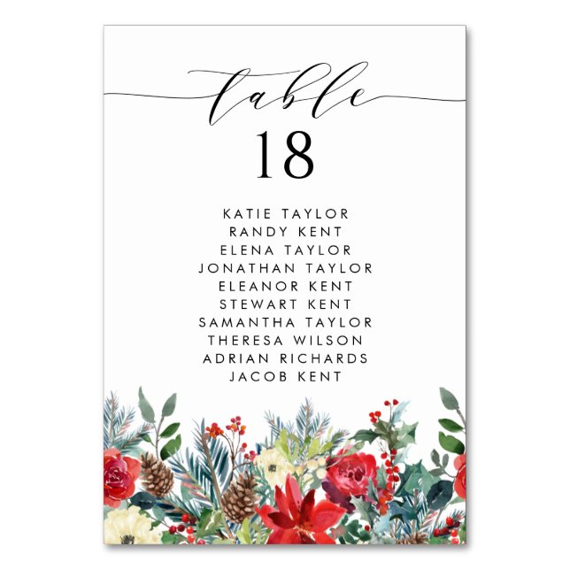 Watercolor Winter Blooms Garland Wedding Seating Table Number (Front)