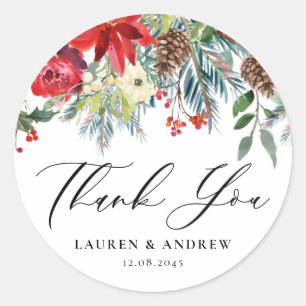 Watercolor Winter Blooms Garland Wedding Thank You Classic Round Sticker