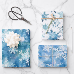 Watercolor Winter Blue and White Snowflake Gift Wrapping Paper Sheet