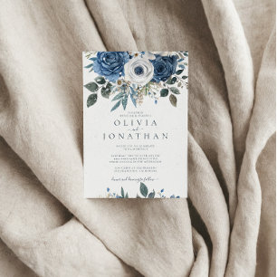Watercolor Winter Blue Floral Bouquet Wedding Invitation