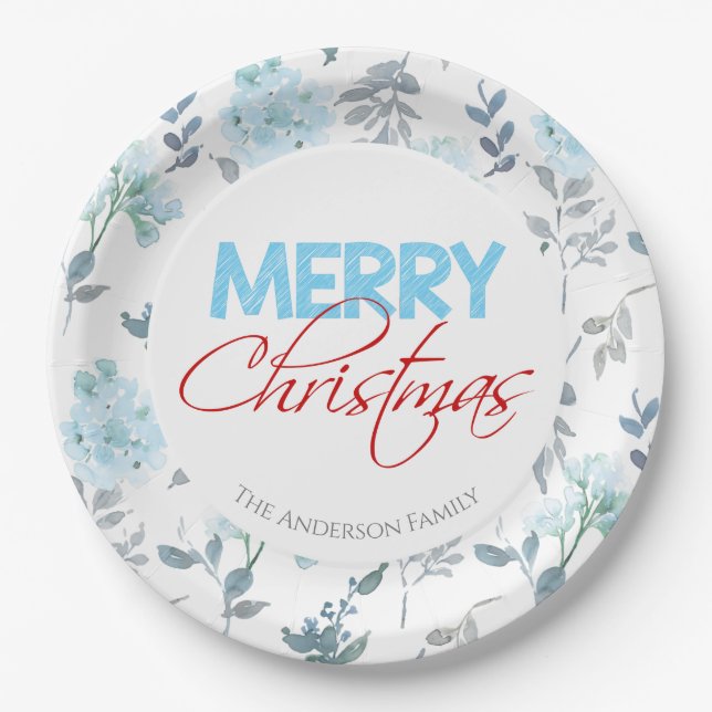 Watercolor Winter Blue Floral | Holiday Paper Plate (Front)