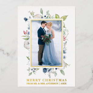 Watercolor Winter Blue Floral Newlywed Gold Foil Holiday Card