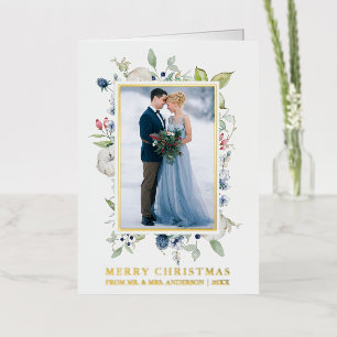 Watercolor Winter Blue Floral Newlyweds Gold Foil Holiday Card