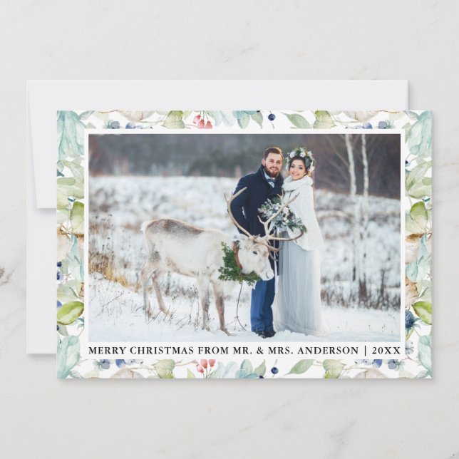 Watercolor Winter Blue Floral Wedding Christmas Holiday Card (Front)