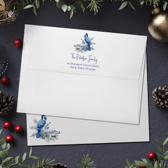 Watercolor Winter Blue Jay Christmas Holiday Envelope (Creator Uploaded)