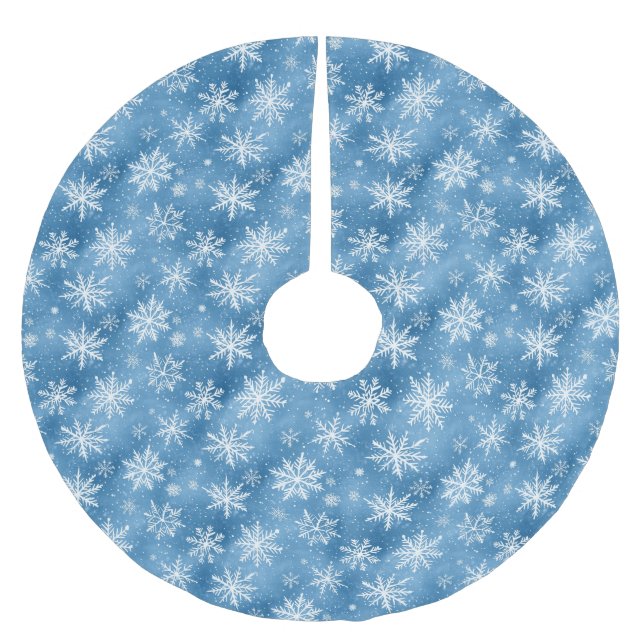 Watercolor Winter Blue Snowflake Brushed Polyester Tree Skirt (Front)
