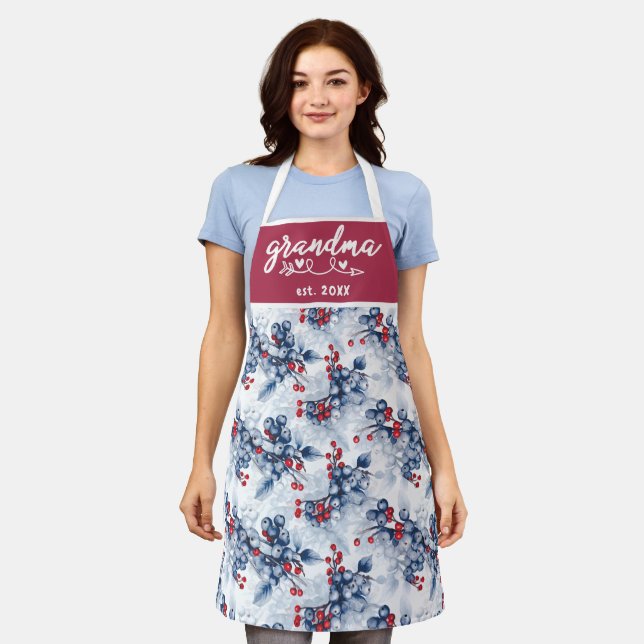 Watercolor Winter Blueberry Grandma Est Christmas Apron (Worn)