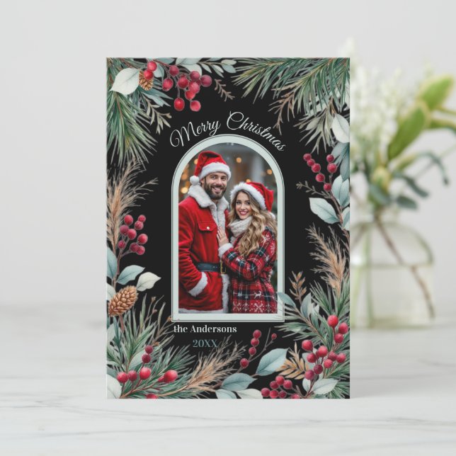 Watercolor Winter Botanical Border Pine Berries Holiday Card (Standing Front)