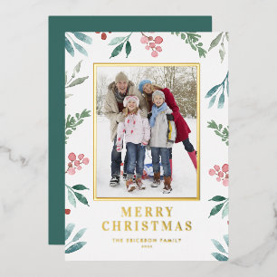 Watercolor Winter Botanical Frame Christmas Photo Foil Holiday Card