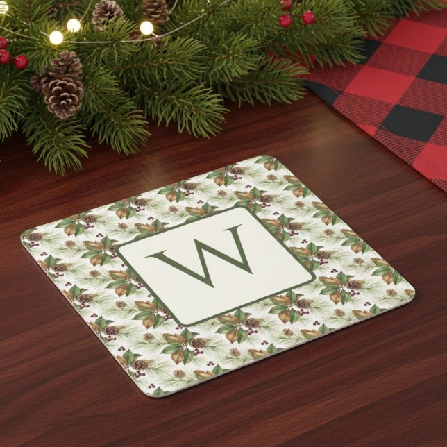 Watercolor Winter Botanical Pattern Square Paper Coaster (Holiday monogram drink coaster)