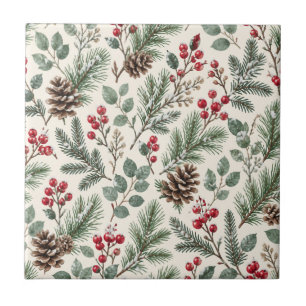 Watercolor Winter Botanical Pine and Berries Tile