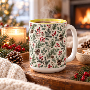 Watercolor Winter Botanical Pine and Berries Two-Tone Coffee Mug