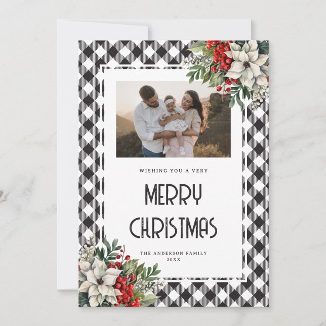 Watercolor Winter Botanicals Black Plaid Christmas Holiday Card (Front)