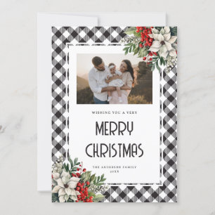 Watercolor Winter Botanicals Black Plaid Christmas Holiday Card