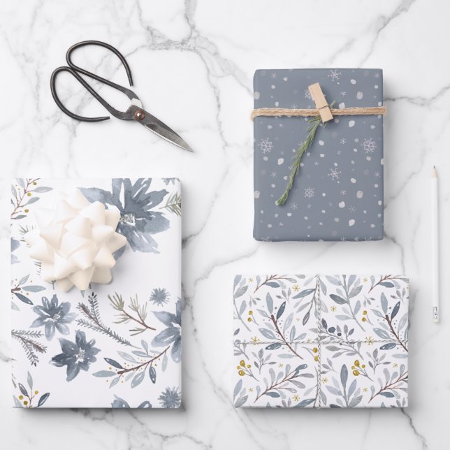 Watercolor Winter Botanicals Snowflake Christmas Wrapping Paper Sheet (Front)