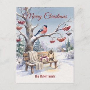 Watercolor Winter Bullfinch Woodland Christmas Holiday Postcard