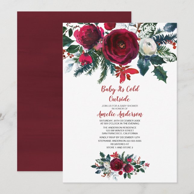 Watercolor Winter Burgundy Flowers Baby Shower Invitation (Front/Back)