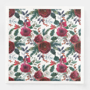 Watercolor Winter Burgundy Flowers Christmas Napkin