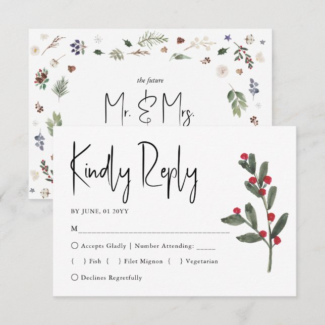 Watercolor Winter Christmas Foliage Wedding  RSVP Card (Front/Back)