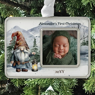 Watercolor Winter Christmas Gnome Baby Photo Silver Plated Framed Ornament