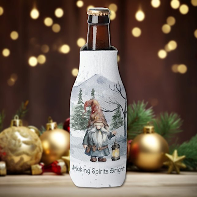 Watercolor Winter Christmas Gnome Bottle Cooler (Watercolor Winter Christmas Gnome Bottle Cooler)