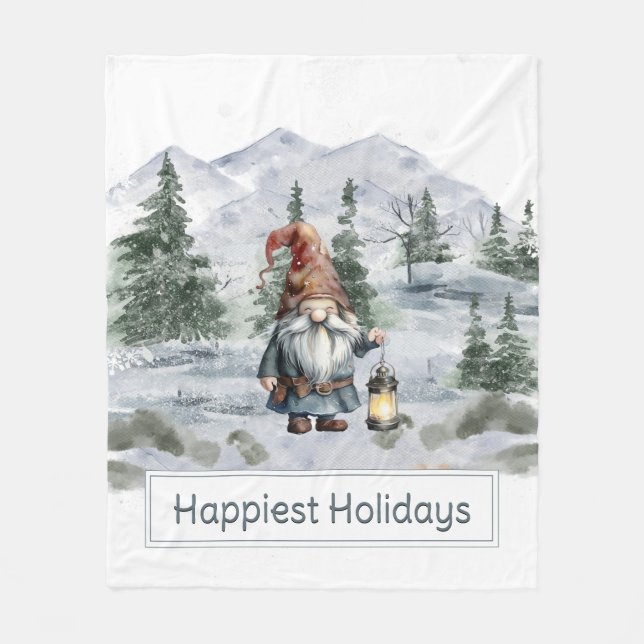 Watercolor Winter Christmas Gnome Fleece Blanket (Front)