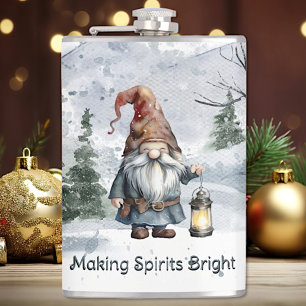 Watercolor Winter Christmas Gnome Hip Flask