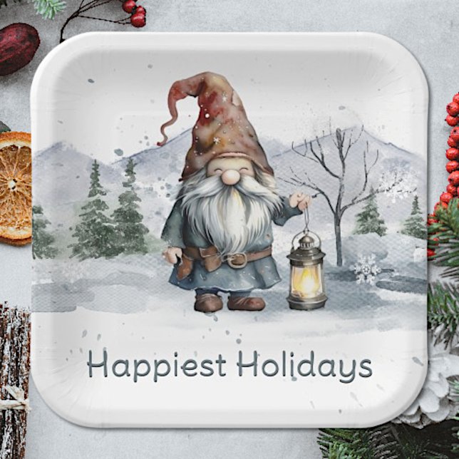 Watercolor Winter Christmas Gnome Paper Plate (Watercolor Winter Christmas Gnome Paper Plates)