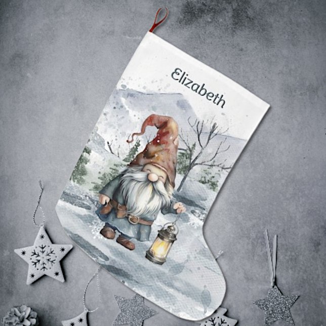 Watercolor Winter Christmas Gnome Personalised Large Christmas Stocking (Watercolor Winter Christmas Gnome Stocking)